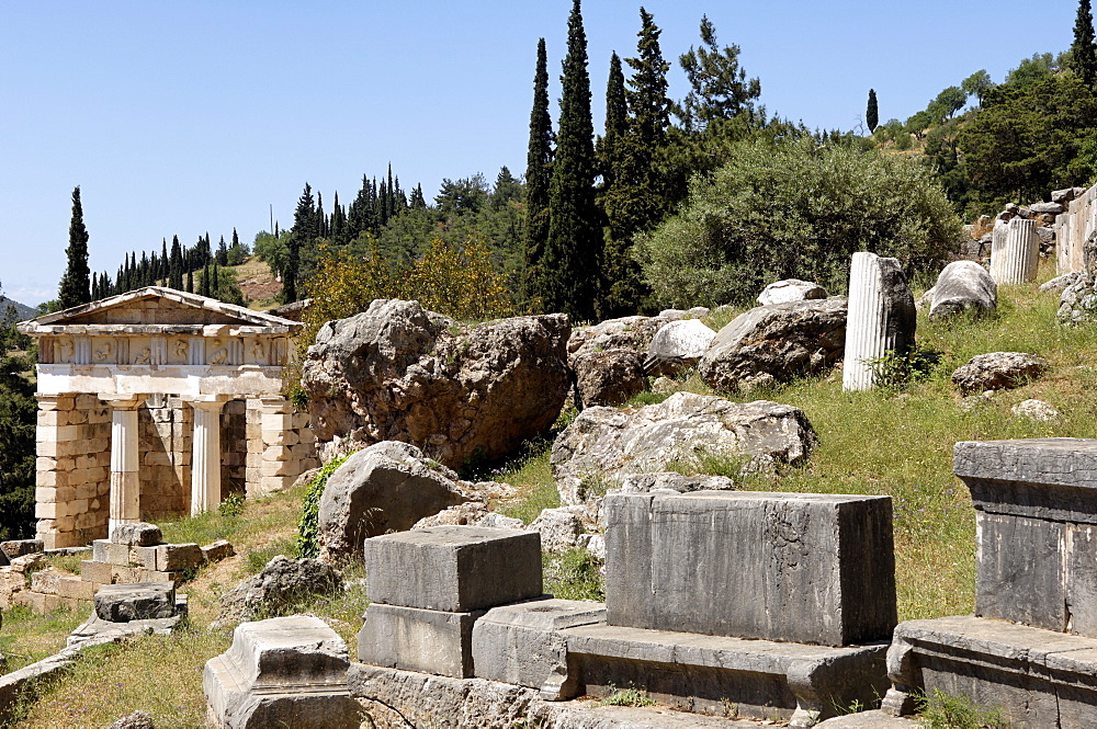 The Treasury of the Athenians. Delphi , UNESCO World Heritage Site, Peloponnese, Greece, Europe