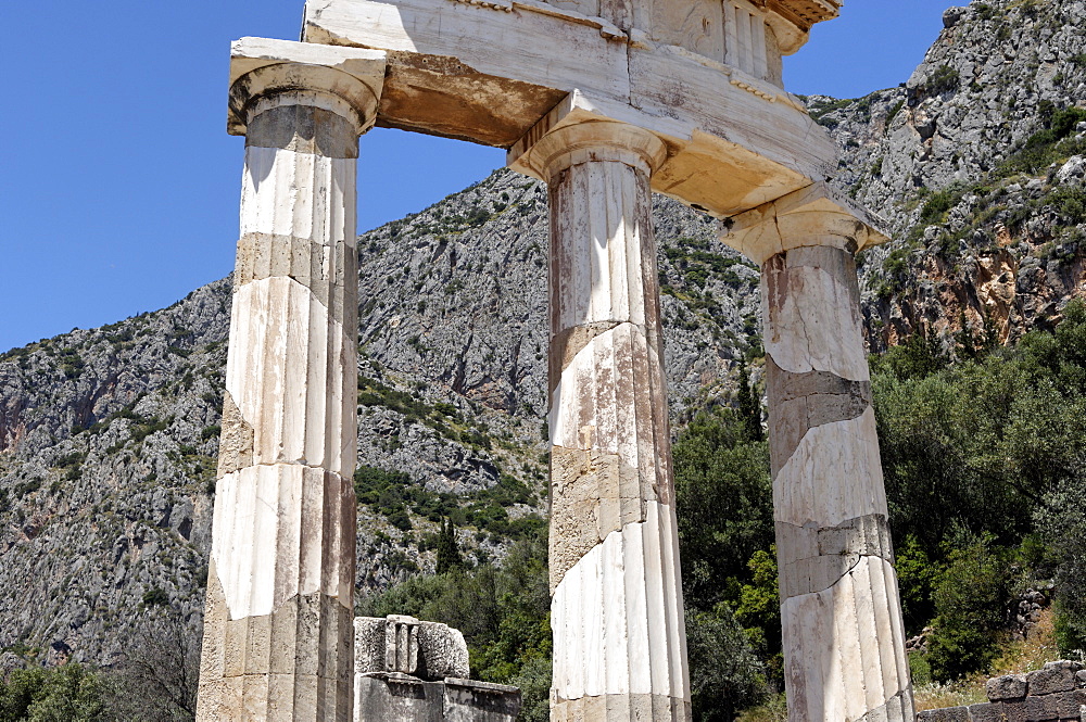 The tholos, a circular building created between 380 and 360 BC at the centre of the sanctuary of Athena Pronaia, Delphi, UNESCO World Heritage Site, Peloponnese, Greece, Europe