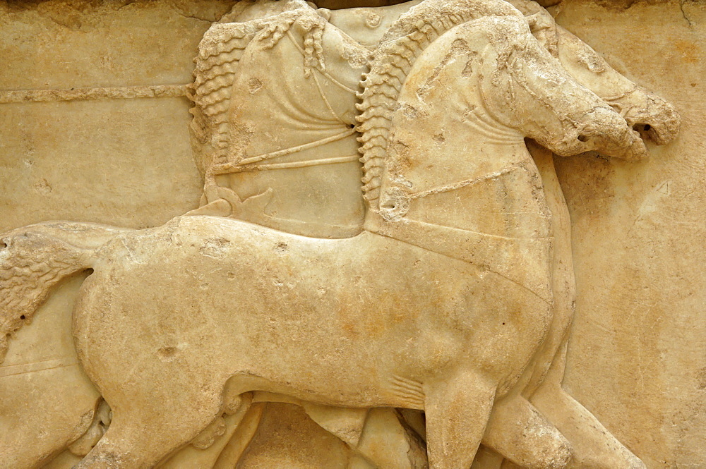 The frieze from the Treasury of the Siphnians decorated with relief representations of mythological scenes,The Museum, Delphi, Peloponnese, Greece, Europe