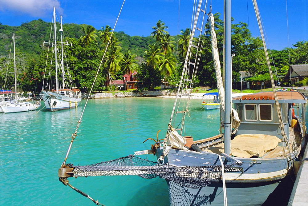 Jetty and harbour, La Digue, Seychelles, Indian Ocean 