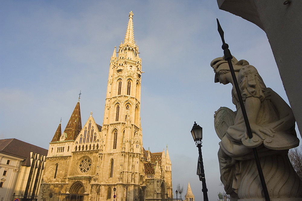 Statue and St. Matthias church, Castle Hill area, Budapest, Hungary, Europe