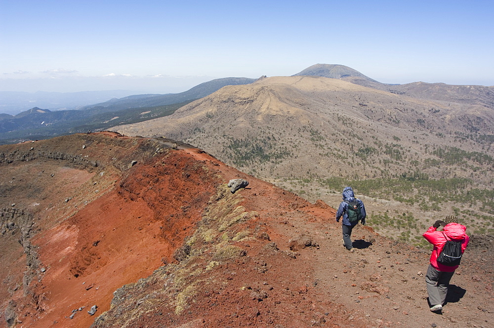 Hikers, volcanic scenery and hiking trail, Kirishima National Park, Kagoshima prefecture, Kyushu, Japan, Asia