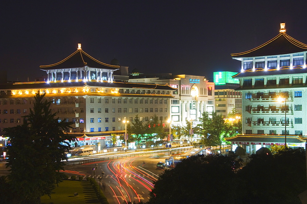 Chinese style hotel building and city lights, Xian City Shaanxi Province, China, Asia