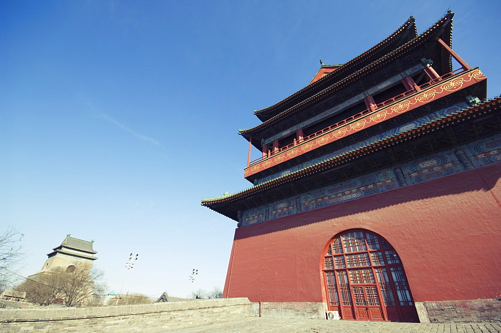 The Drum Tower, a later Ming dynasty version originally built in 1273 marking the centre of the old Mongol capital and Bell Tower, Beijing, China, Asia