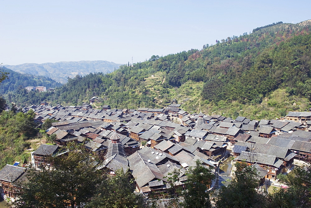 Traditional wooden houses in Zhaoxing Dong ethnic village, Guizhou Province, China, Asia