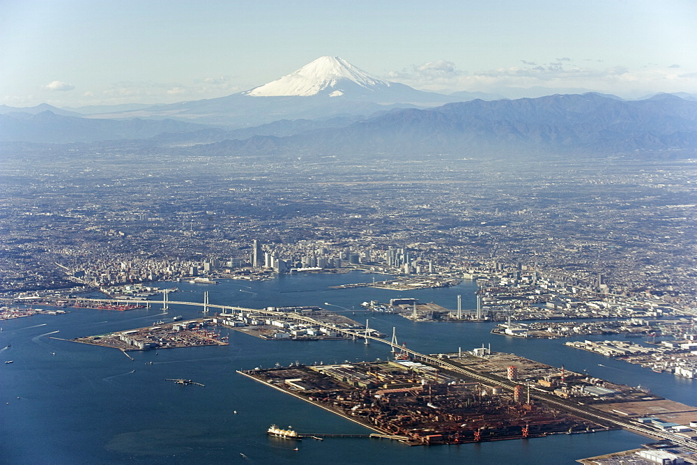 Aerial view of Yokohama city and Mount Fuji, Shizuoka Prefecture, Japan, Asia