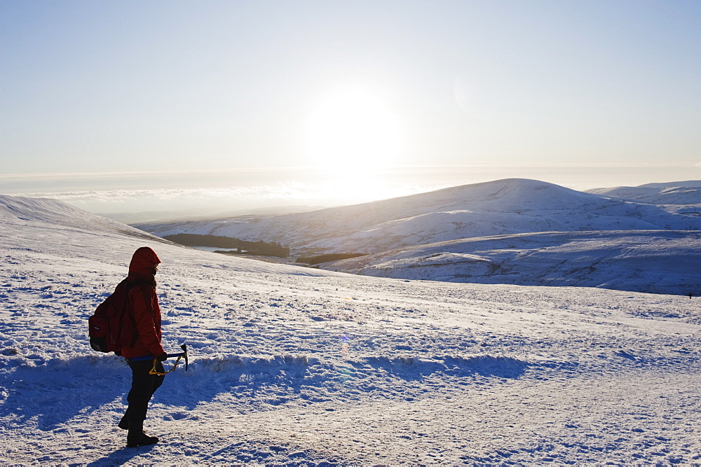 Hiker on snow covered Pen y Fan mountain, Brecon Beacons National Park, Powys, Wales, United Kingdom, Europe