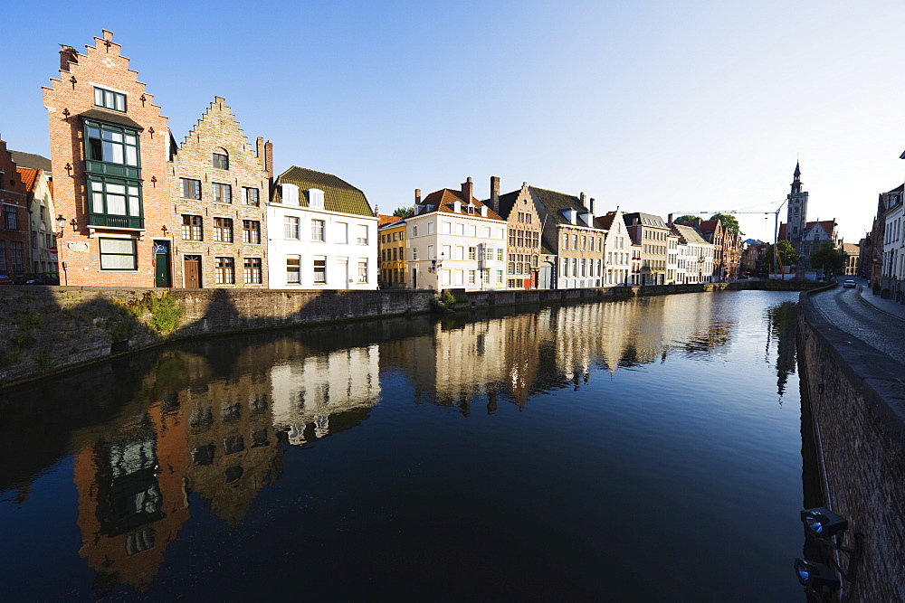 Reflection of old houses in a canal, Old Town, UNESCO World Heritage Site, Bruges, Flanders, Belgium, Europe