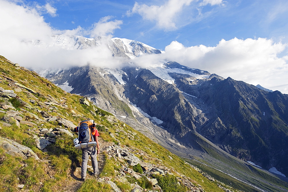 Hiker on the way to Mont Blanc, French Alps, France, Europe