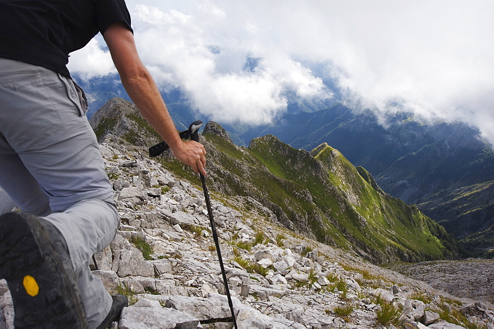 Hiker in the Apuan Alps, Tuscany, Italy, Europe