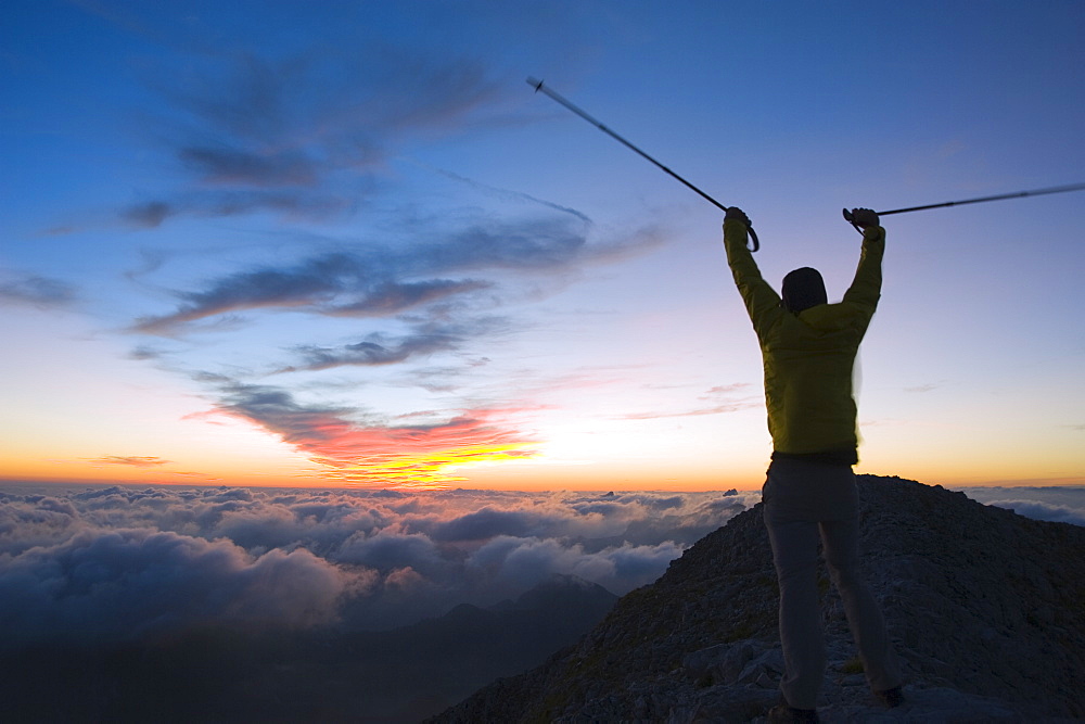 Hiker enjoying the view from Pania della Croce, 1858m, Apuan Alps, Tuscany, Italy, Europe