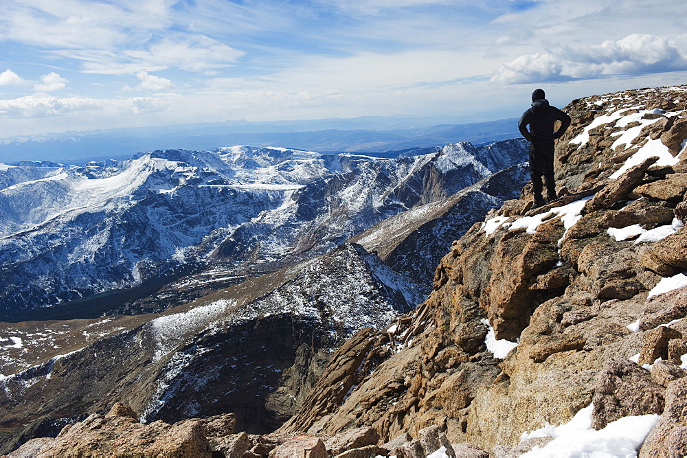 Hiker on Longs Peak Trail, Rocky Mountain National Park, Colorado, United States of America, North America