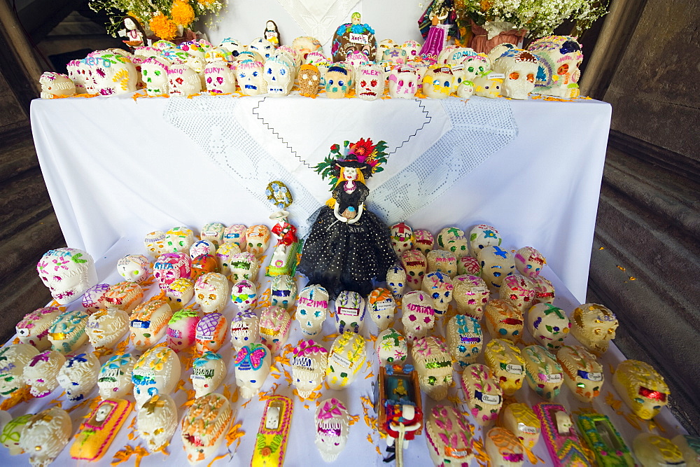 Wax skulls as decorations on display, Dia de Muertos (Day of the Dead), Morelia, Michoacan state, Mexico, North America