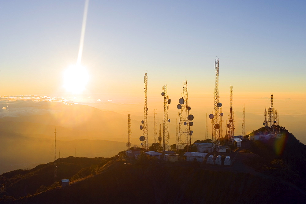 Telcom towers on summit of Volcan Baru, at 3478m the highest point in Panama, Volcan Baru National Park, Chiriqui province, Panama, Central America