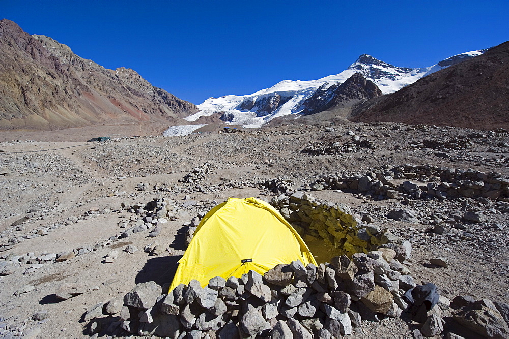 Tent at Plaza de Mulas base camp, Aconcagua 6962m, highest peak in the western hemisphere, Aconcagua Provincial Park, Andes mountains, Argentina, South America