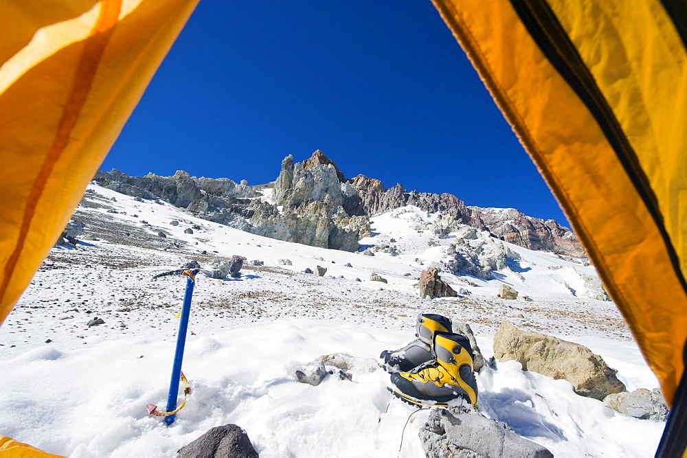 Looking out of a tent at White Rocks campsite, Piedras Blancas, 6200m, Aconcagua 6962m, highest peak in South America, Aconcagua Provincial Park, Andes mountains, Argentina, South America