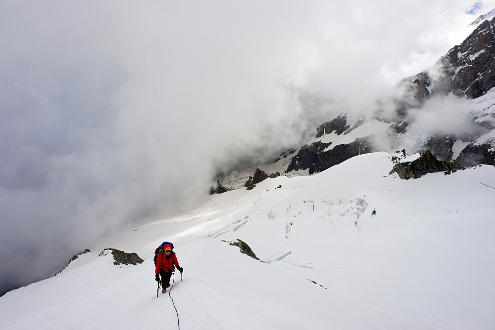 Climber on Gouter north ridge on Mont Blanc, Chamonix Valley, Rhone Alps, Haute Savoie, France, Europe