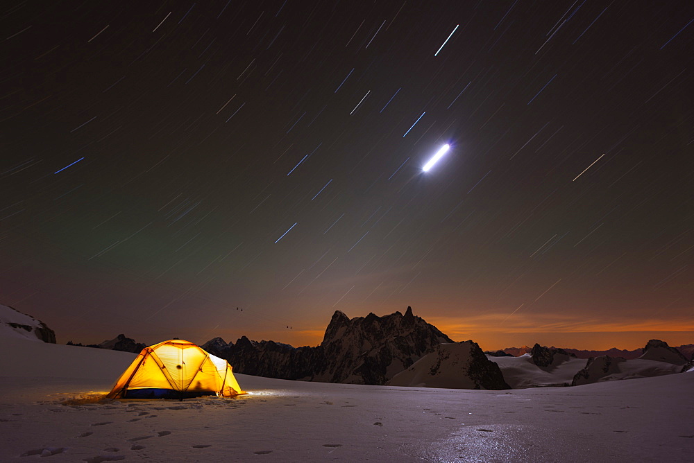 Col du Midi on Mont Blanc, star trails and new moon, Chamonix, Rhone Alps, Haute Savoie, France, Europe