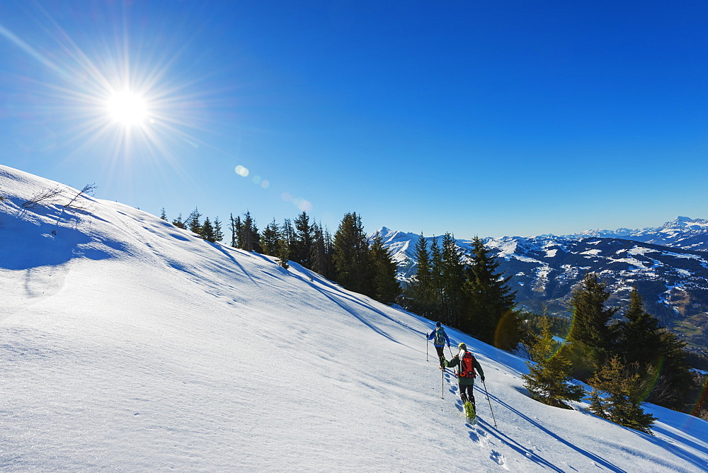 Snow shoeing at Les Houches, Chamonix Valley, Rhone Alps, Haute Savoie, France, Europe