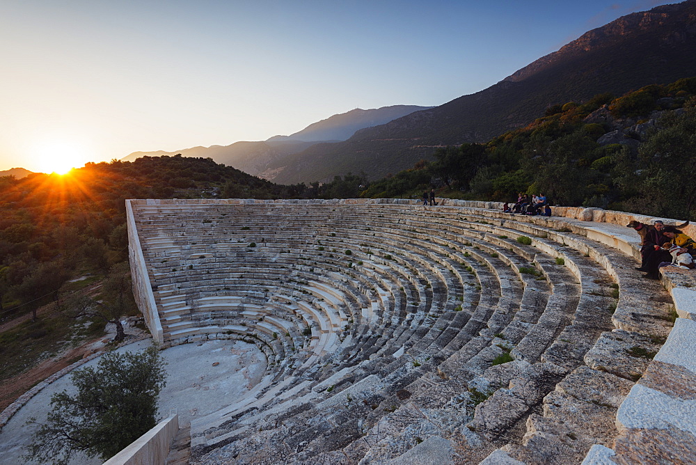  Antiphellos ruins, Lycian amphitheatre at sunset, Kas, Lycia, Turquoise Coast, Anatolia, Turkey, Asia Minor, Eurasia