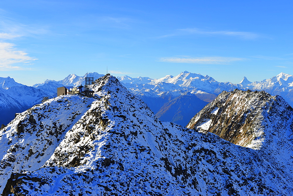 Eggishorn cable car station and the Matterhorn in the distance, Jungfrau-Aletsch, UNESCO World Heritage Site, Valais, Swiss Alps, Switzerland, Europe