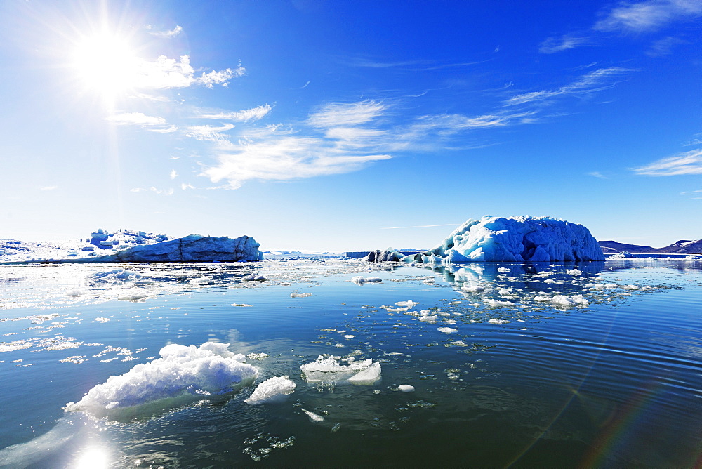 Iceberg filled glacial lagoon, Spitsbergen, Svalbard, Arctic, Norway, Europe