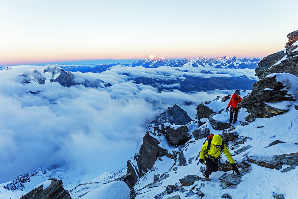 Sunrise view to Mont Blanc in France from Grand Combin, Valais, Swiss Alps, Switzerland, Europe