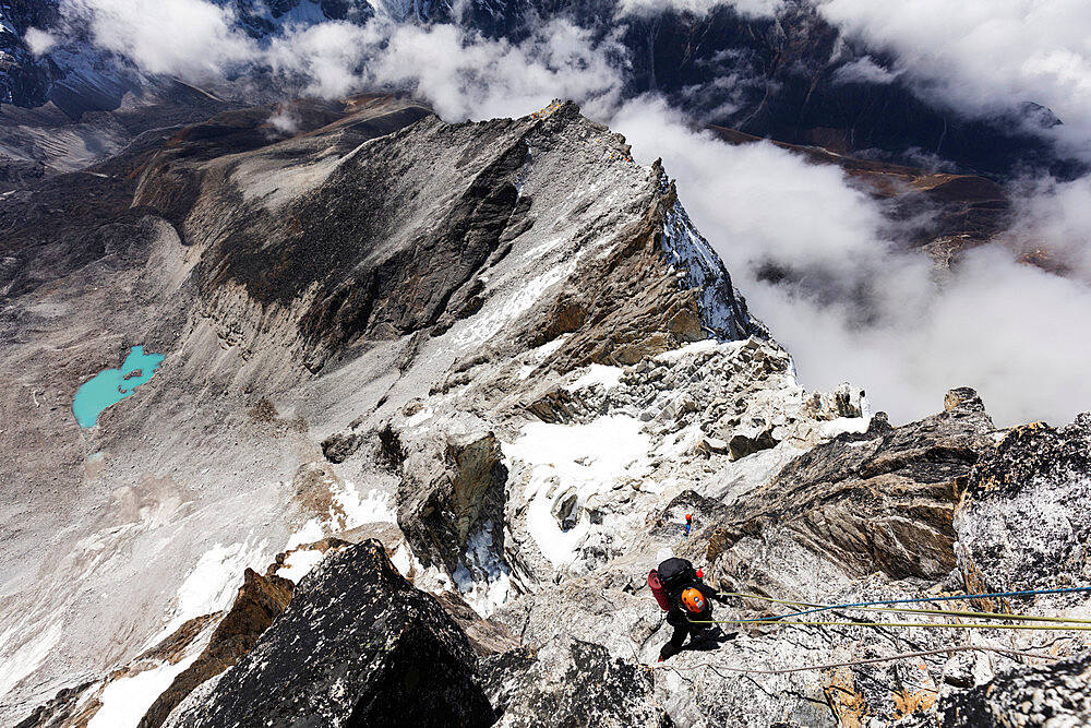 Climber on the Yellow Tower of Ama Dablam, Sagarmatha National Park, UNESCO World Heritage Site, Khumbu Valley, Nepal, Himalayas, Asia