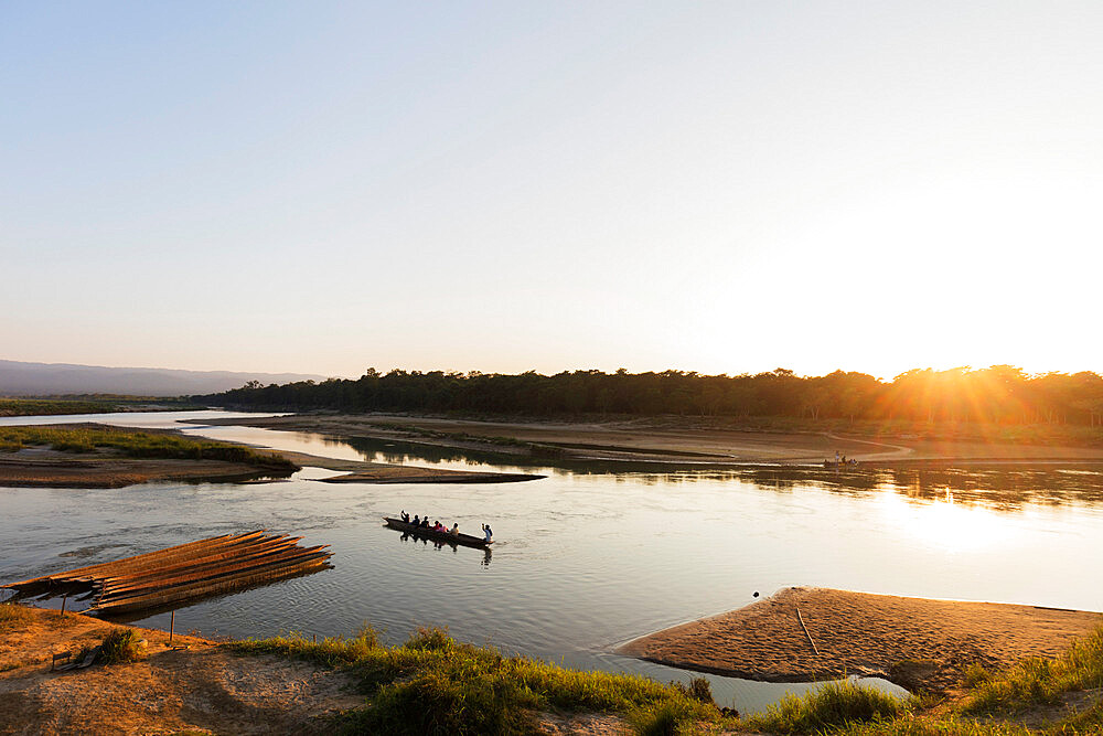 Tour boat on a river trip, Chitwan National Park, UNESCO World Heritage Site, Nepal, Asia