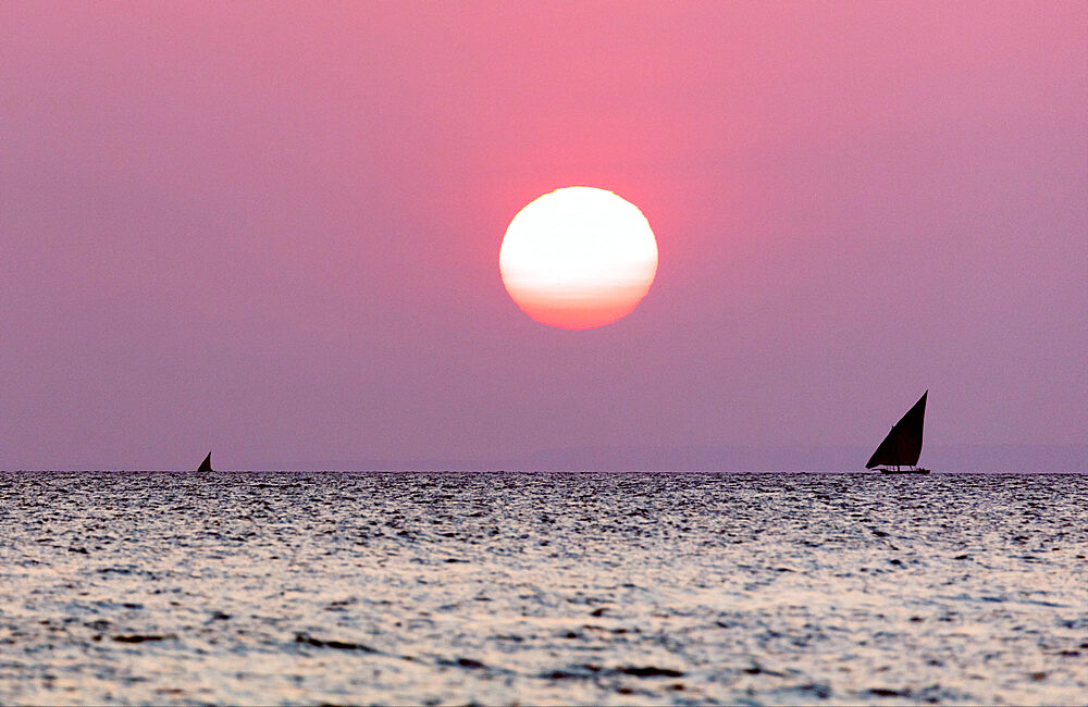 Dhow sailing boat on Indian Ocean at sunset, Stone Town, Zanzibar, Tanzania, East Africa, Africa