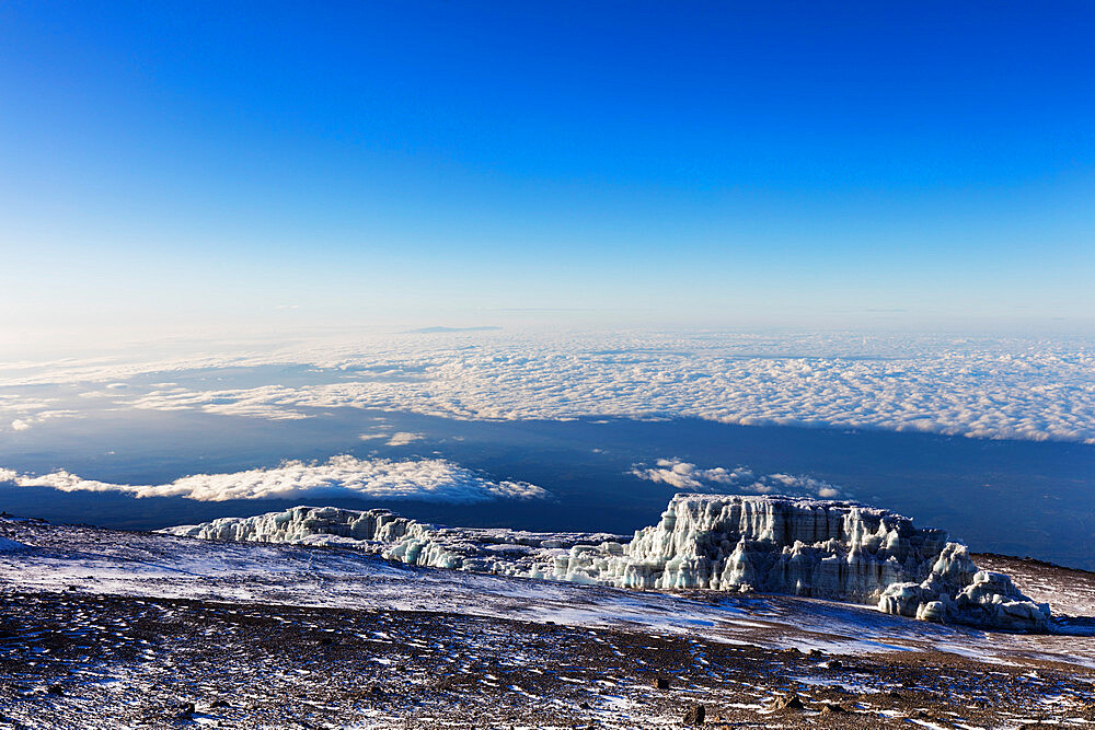 Summit views and receding glacier on Mount Kilimanjaro, Kilimanjaro National Park, UNESCO World Heritage Site, Tanzania, East Africa, Africa