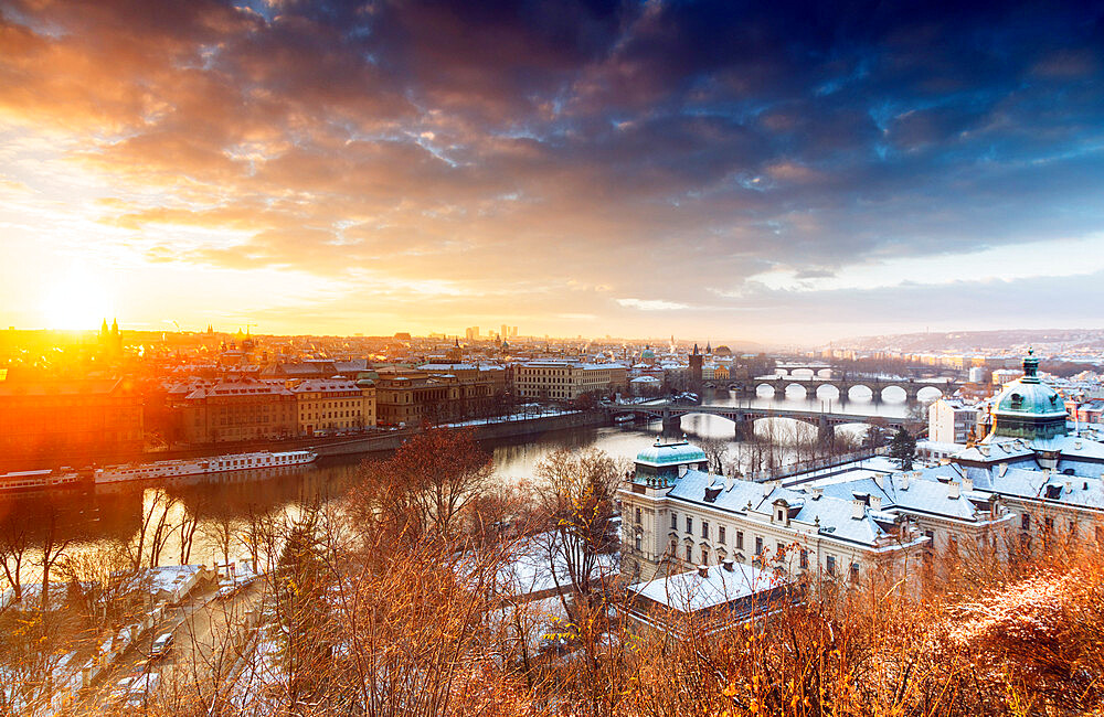 Bridges crossing the Vltava River at sunrise, Prague, Czech Republic, Europe