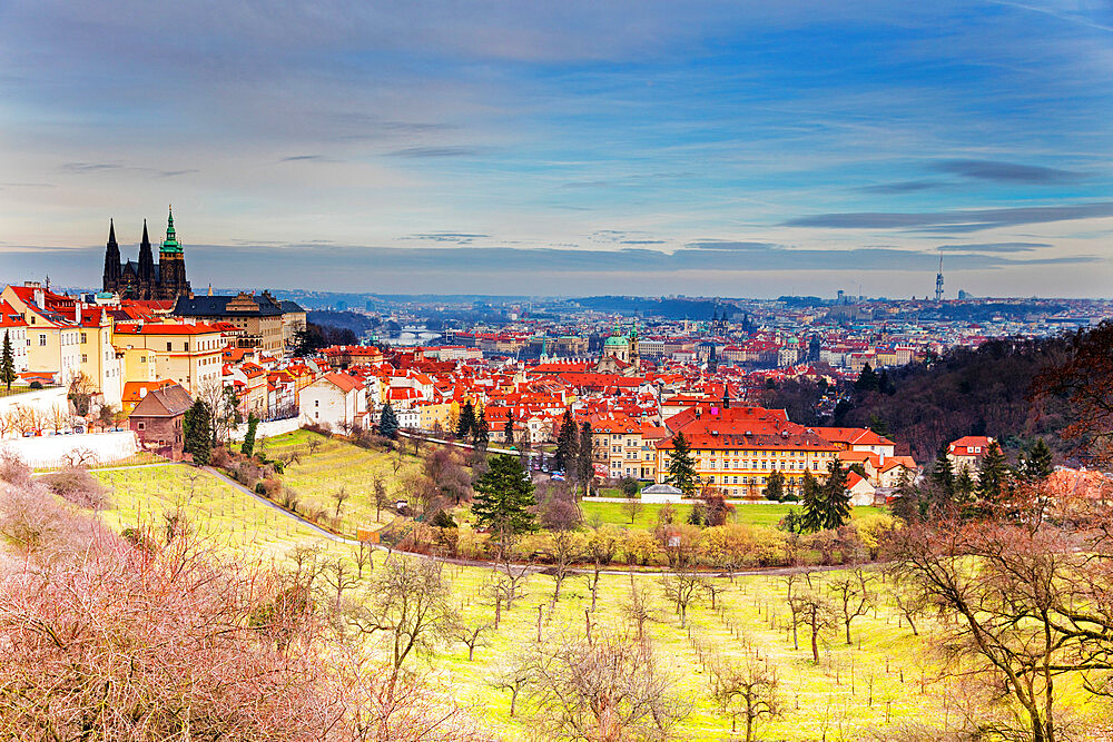 View over Prague and Petrin Gardens, Prague, Czech Republic, Europe