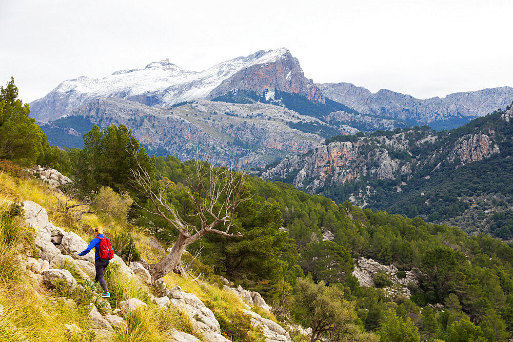 Serra de Tramuntura, hiker on a trail above Soller, Majorca, Balearic Islands, Spain, Mediterranean, Europe