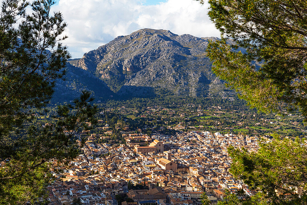 Aerial view of old town, Pollenca, Majorca, Balearic Islands, Spain, Mediterranean, Europe