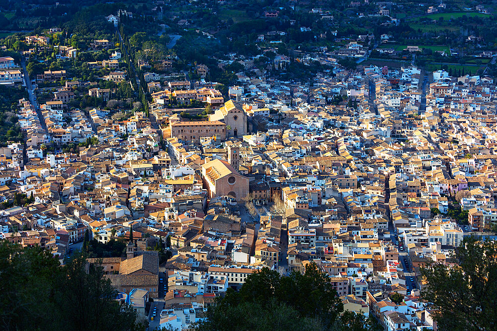 Aerial view of old town and Monti Sion church, Pollenca, Majorca, Balearic Islands, Spain, Mediterranean, Europe