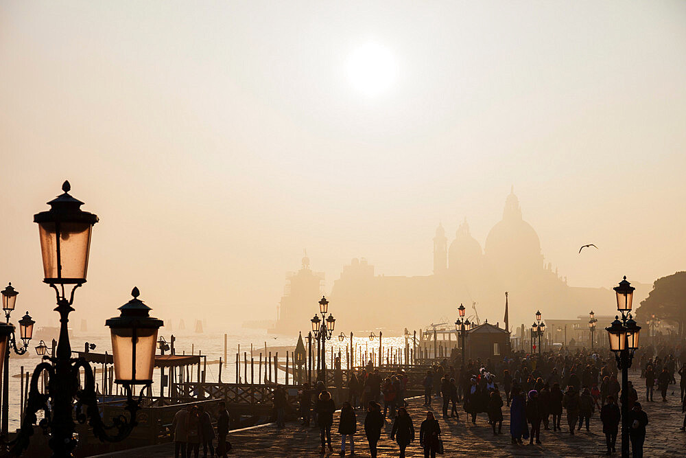 Basilica of Santa Maria della Salute in the mist from St. Marks Square, Venice, UNESCO World Heritage Site, Veneto, Italy, Europe