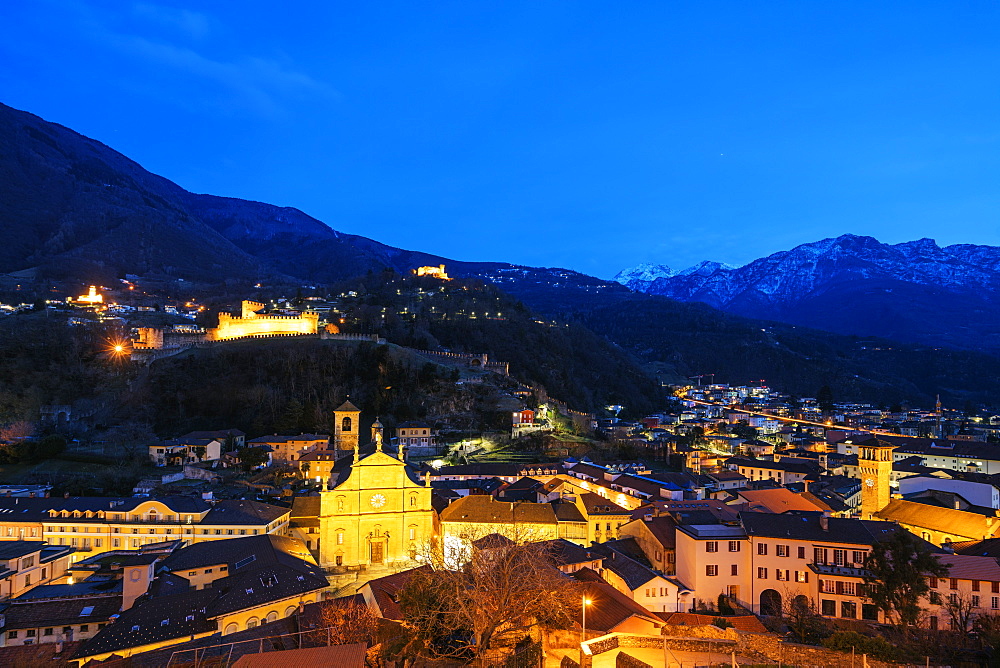 Castelgrande and La Collegiata church of St. Peter and Stephan, UNESCO World Heritage Site, Bellinzona, Ticino, Switzerland, Europe