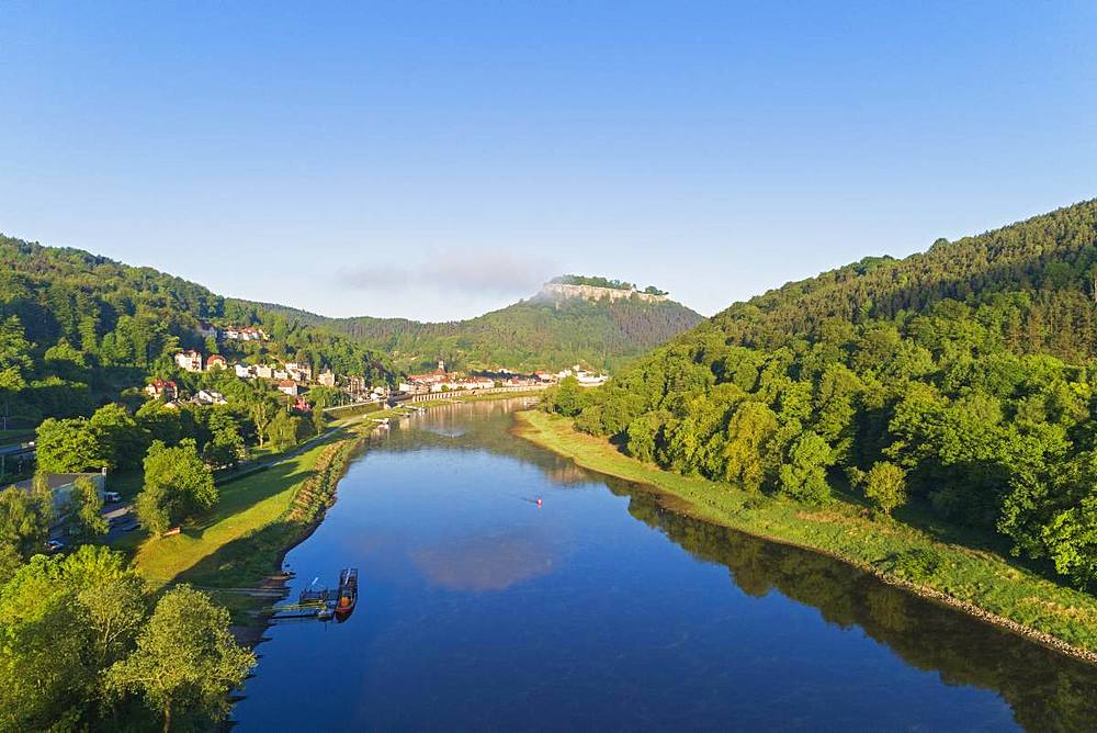 Aerial view of Festung Konigstein Castle, River Elbe, Konigstein, Saxony, Germany, Europe