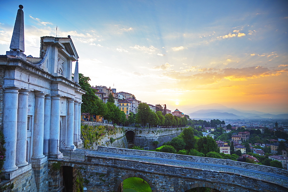 City view from Porta San Giacomo, Upper Town (Citta Alta), Bergamo, Lombardy, Italy, Europe