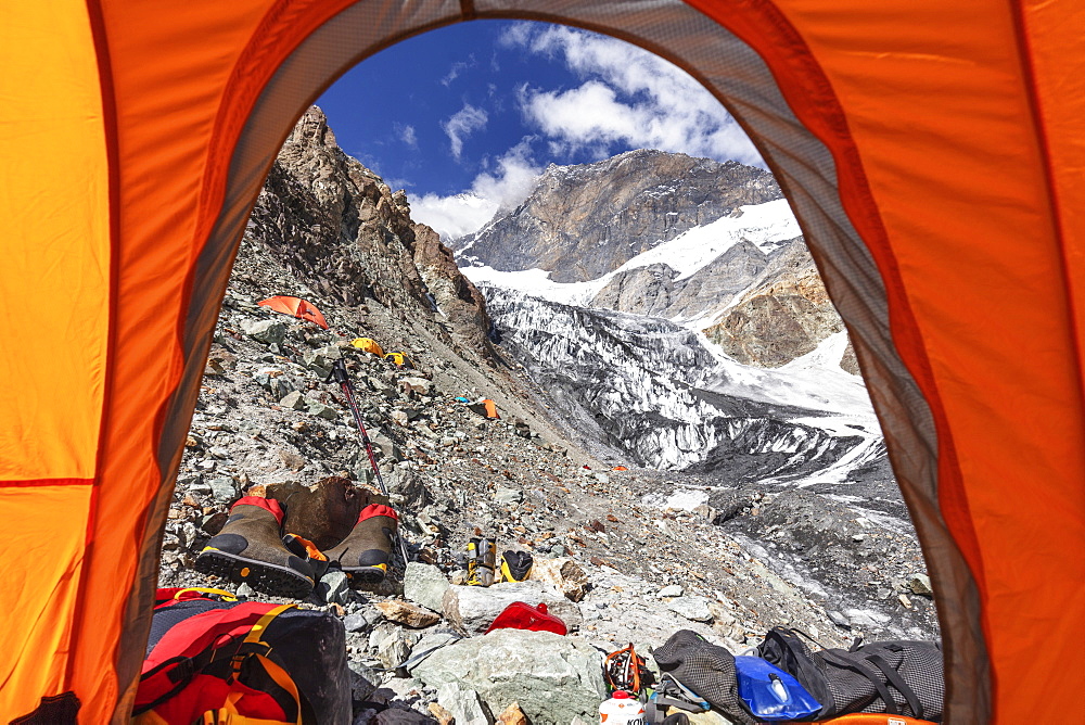 Tents at Camp 1 at 5100m on Peak Korzhenevskaya, 7105m, Tajik National Park (Mountains of the Pamirs), UNESCO World Heritage Site, Tajikistan, Central Asia, Asia