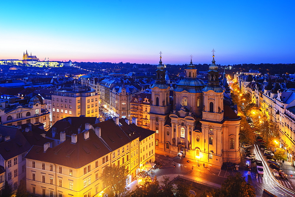 Prague Castle and St. Nicholas church, viewed from old town city hall tower, UNESCO World Heritage Site, Prague, Czech Republic, Europe