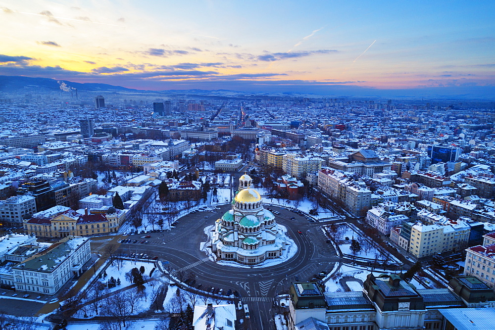 Aerial view of Alexander Nevsky Orthodox Cathedral in winter, Sofia, Bulgaria, Europe