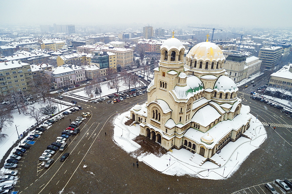 Aerial view of Alexander Nevsky Orthodox Cathedral in winter, Sofia, Bulgaria, Europe