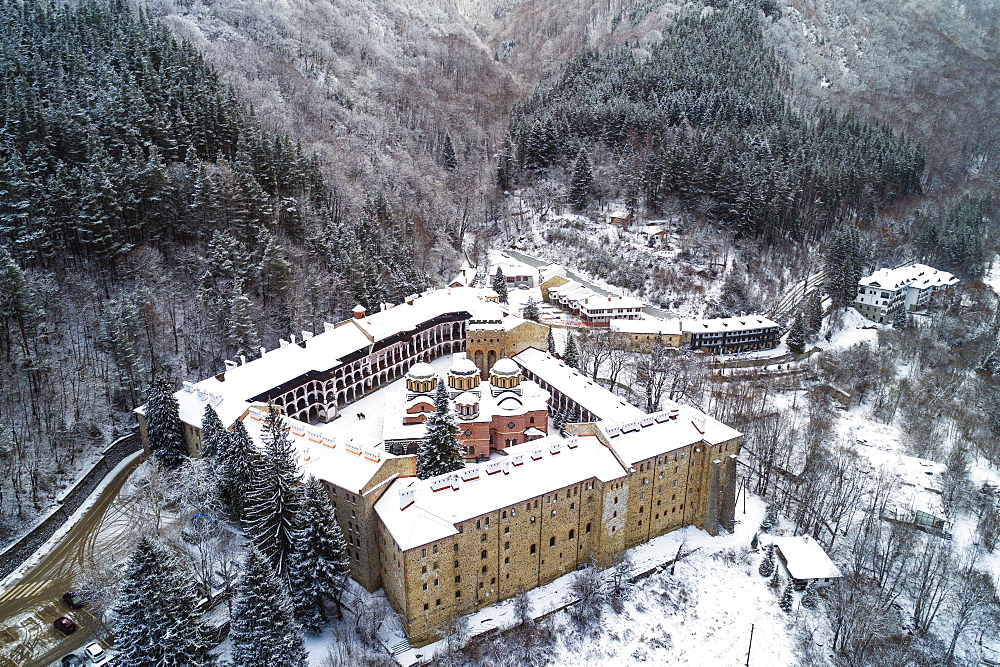 Aerial view of Church of the Nativity of the Virgin Mother at Rila Monastery, UNESCO World Heritage Site, Bulgaria, Europe