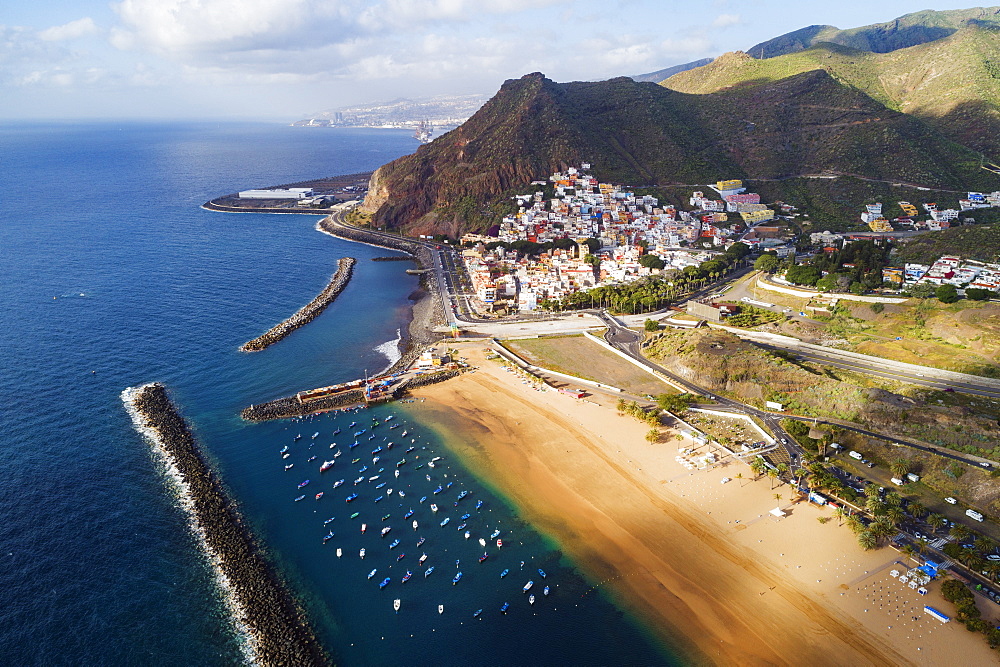 Aerial drone view of Playa de las Teresitas, San Andres, Tenerife, Canary Islands, Spain, Atlantic, Europe