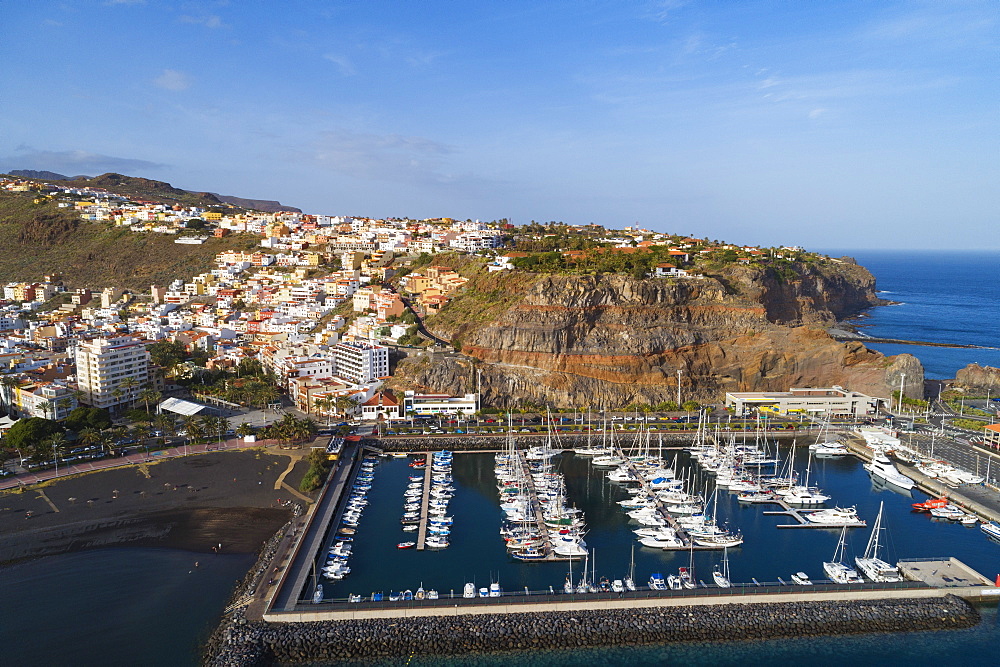 Aerial drone view of San Sebastian de la Gomera town and marina, UNESCO Biosphere Site, La Gomera, Canary Islands, Spain, Atlantic, Europe