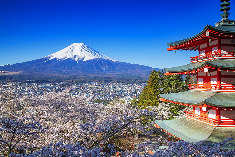 Chureito Pagoda in Arakurayama Sengen Park, and Mount Fuji, 3776m, UNESCO World Heritage Site, Yamanashi Prefecture, Honshu, Japan, Asia