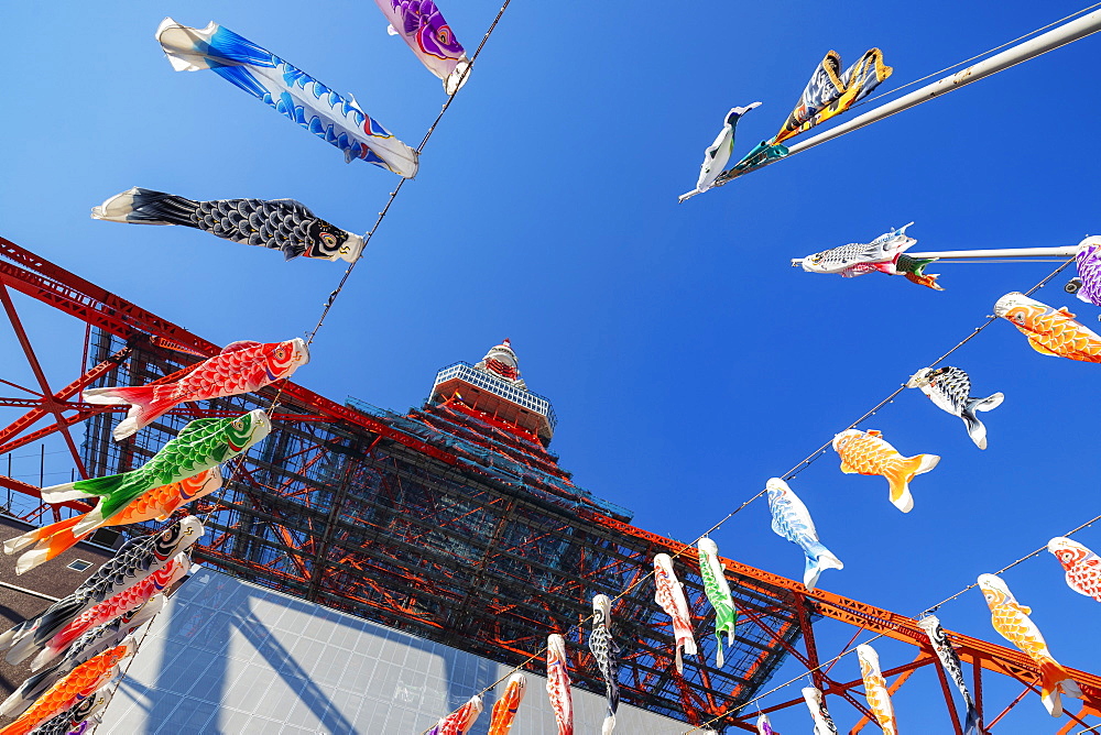 Koi nobori kites, Tokyo Tower, Roppongi, Tokyo, Japan, Asia