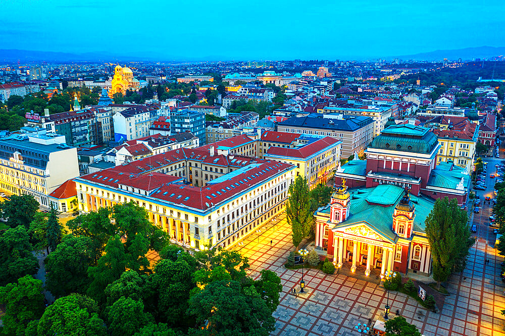 Aerial view by drone of Ivan Vazov National Theatre, Sofia, Bulgaria, Europe